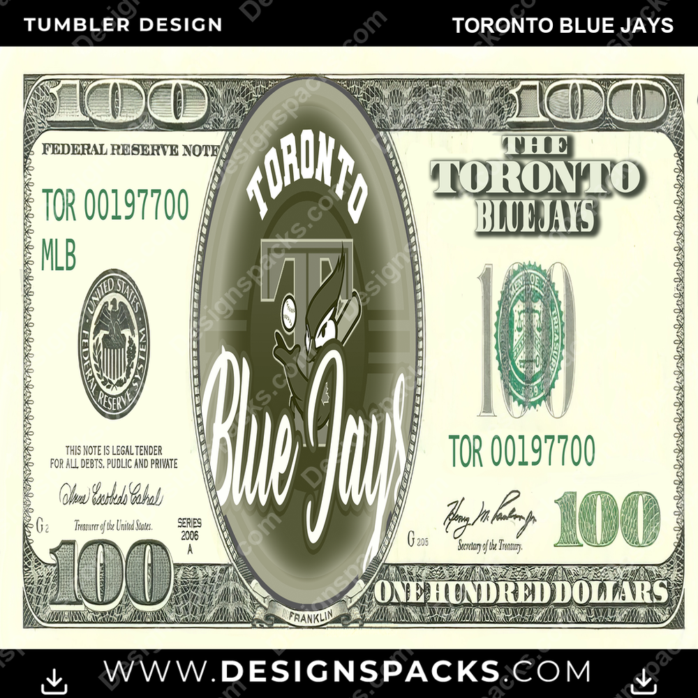 Vaso de los Toronto Blue Jays con diseño de billete de cien dólares de béisbol, diseño digital envolvente