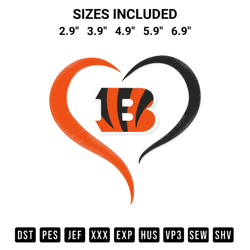 Add a unique touch to your apparel with the Heart Cincinnati Bengals Nfl Embroidery Design embroidery file. Premium instant download available now on Designspacks.com. Available sizes: 2.9", 3.9", 4.9", 5.9", 6.9".