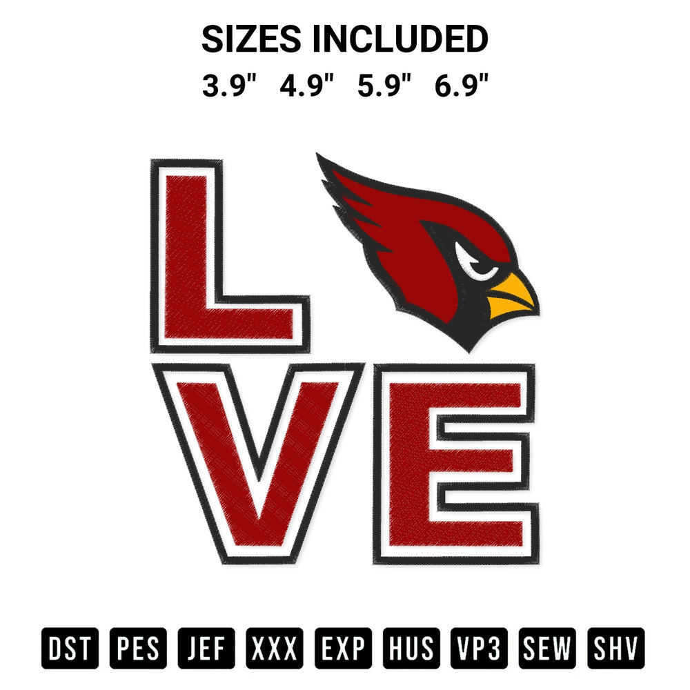Stitch like a pro with the Love Arizona Cardinals Embroidery Design embroidery pattern from Designspacks.com. High-quality digital machine embroidery file. Available sizes: 3.9", 4.9", 5.9", 6.9".