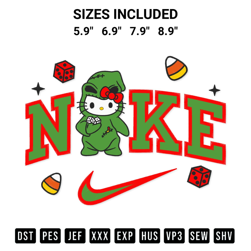 Download the Oogie Boogie Hello Kitty X Nike Embroidery Design machine embroidery design exclusively at Designspacks.com. Premium digitized pattern for apparel and DIY crafts. Available sizes: 5.9", 6.9", 7.9", 8.9".