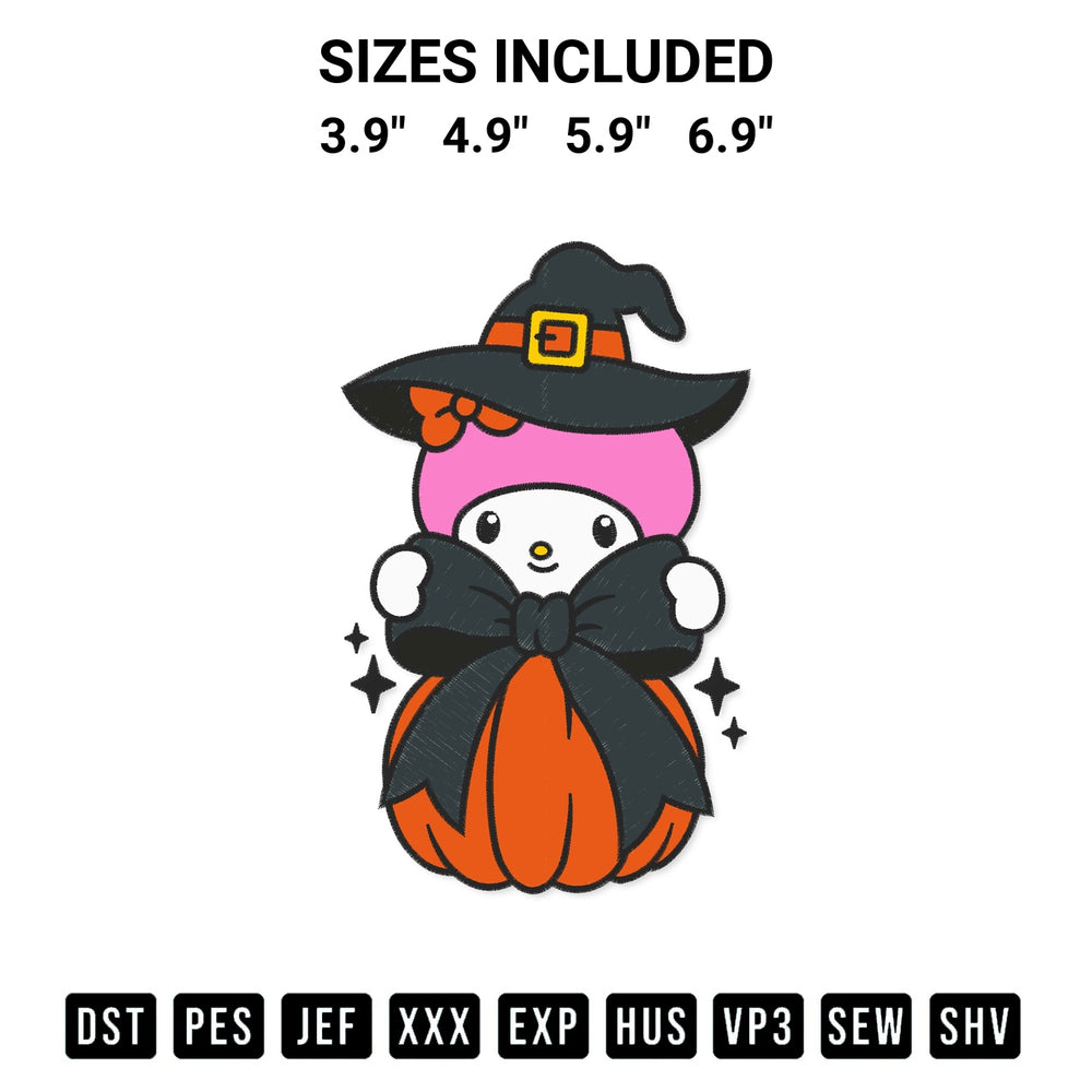 Transform your fabrics with the My Melody Witch Coquette Pumpkin Embroidery Design embroidery design. Instant access to premium digitized patterns at Designspacks.com. Available sizes: 3.9", 4.9", 5.9", 6.9".
