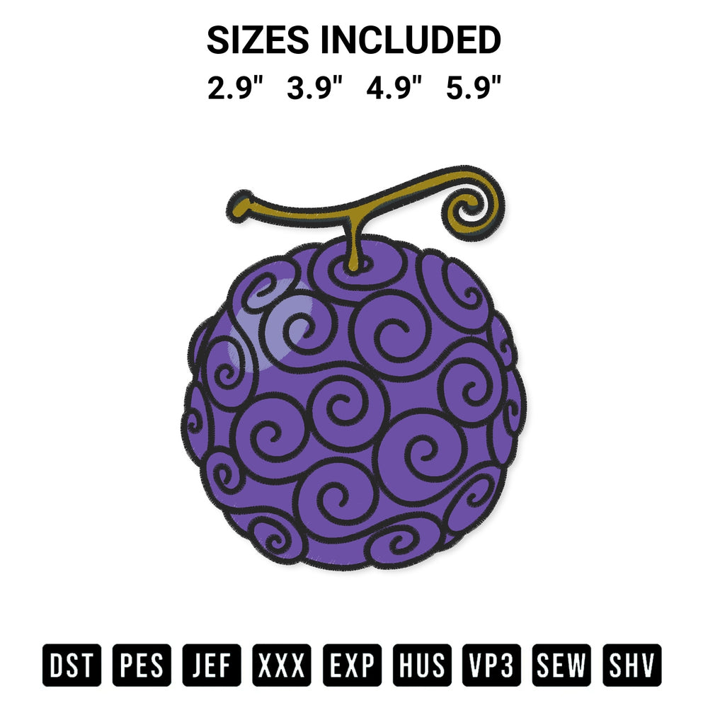 Shop the Luffy Devil Fruit Embroidery Design machine embroidery pattern at Designspacks.com. Beautifully digitized for flawless stitching on any fabric. Available sizes: 2.9", 3.9", 4.9", 5.9".