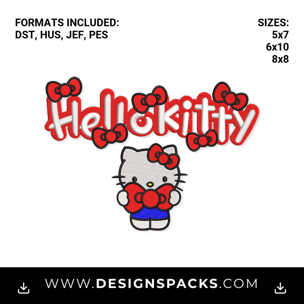 Hello Kitty Character with Red Bows Embroidery Design - Instant digital download pattern at Designspacks.com