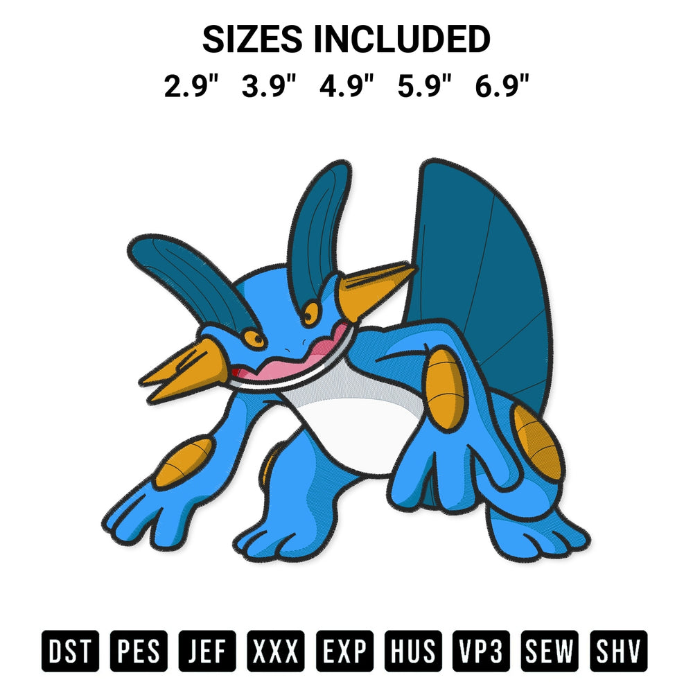 Shop the Swampert Pokemon Embroidery Design machine embroidery pattern at Designspacks.com. Beautifully digitized for flawless stitching on any fabric. Available sizes: 2.9", 3.9", 4.9", 5.9", 6.9".