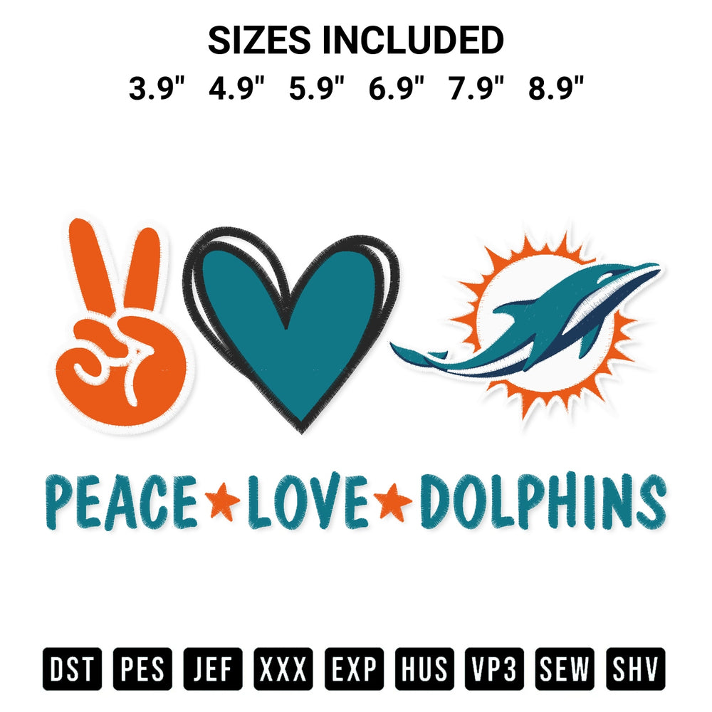 Add a unique touch to your apparel with the Peace Love Miami Dolphins Embroidery Design embroidery file. Premium instant download available now on Designspacks.com. Available sizes: 3.9", 4.9", 5.9", 6.9", 7.9", 8.9".