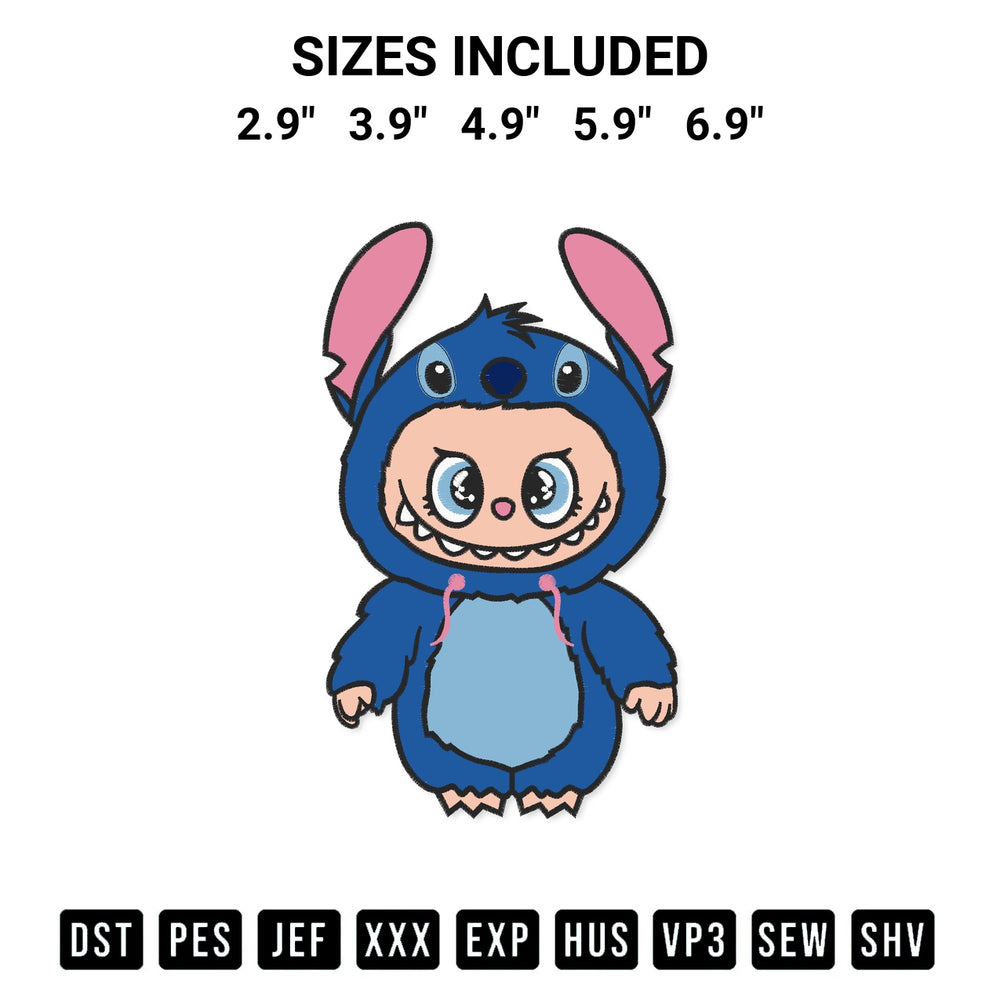 Elevate your next project with our Labubu Disney Stitch Embroidery Design embroidery file. Shop high-quality digital patterns instantly at Designspacks.com. Available sizes: 2.9", 3.9", 4.9", 5.9", 6.9".