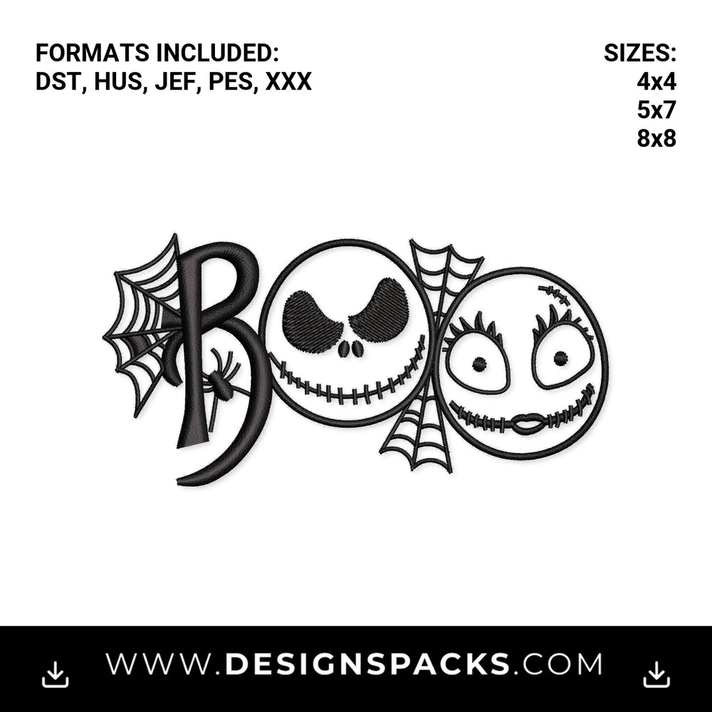 Spooky Jack & Sally Halloween Boo Embroidery Design - Instant digital download pattern at Designspacks.com