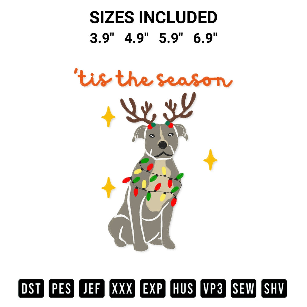 Stitch like a pro with the Tis The Season Christmas Gray Pitbull Dog Embroidery Design embroidery pattern from Designspacks.com. High-quality digital machine embroidery file. Available sizes: 3.9", 4.9", 5.9", 6.9".