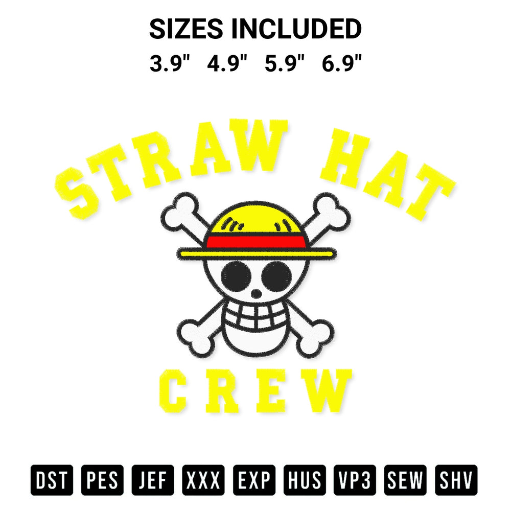 Elevate your next project with our Straw Hat Crew One Piece Embroidery Design embroidery file. Shop high-quality digital patterns instantly at Designspacks.com. Available sizes: 3.9", 4.9", 5.9", 6.9".