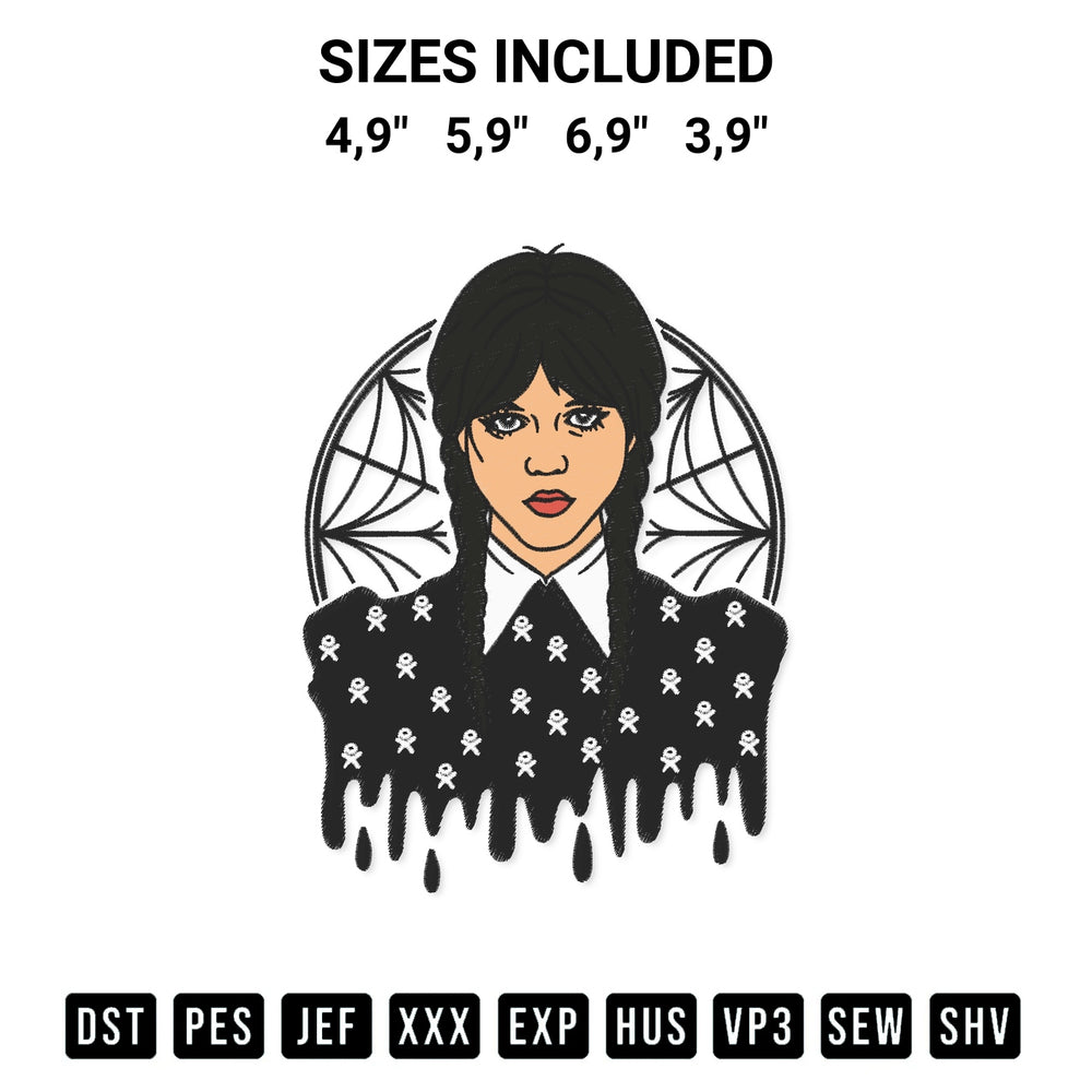 Get the Wednesday Addams Drip Halloween Jenna Ortega Addams Family Embroidery Design embroidery design for your custom crafts! Premium digitized files available for instant download at Designspacks.com. Available sizes: 4,9", 5,9", 6,9", 3,9".