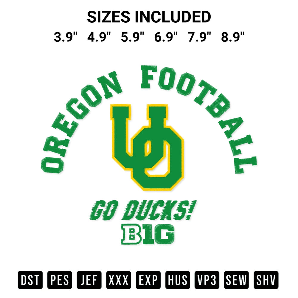 Elevate your next project with our Oregon Ducks Big 10 Football Logo Embroidery Design embroidery file. Shop high-quality digital patterns instantly at Designspacks.com. Available sizes: 3.9", 4.9", 5.9", 6.9", 7.9", 8.9".