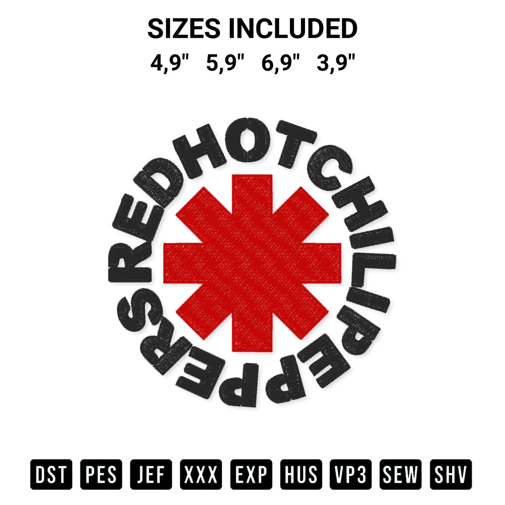 Add a unique touch to your apparel with the Red Hot Chili Peppers Rock Band Logo Embroidery Design embroidery file. Premium instant download available now on Designspacks.com. Available sizes: 4,9", 5,9", 6,9", 3,9".