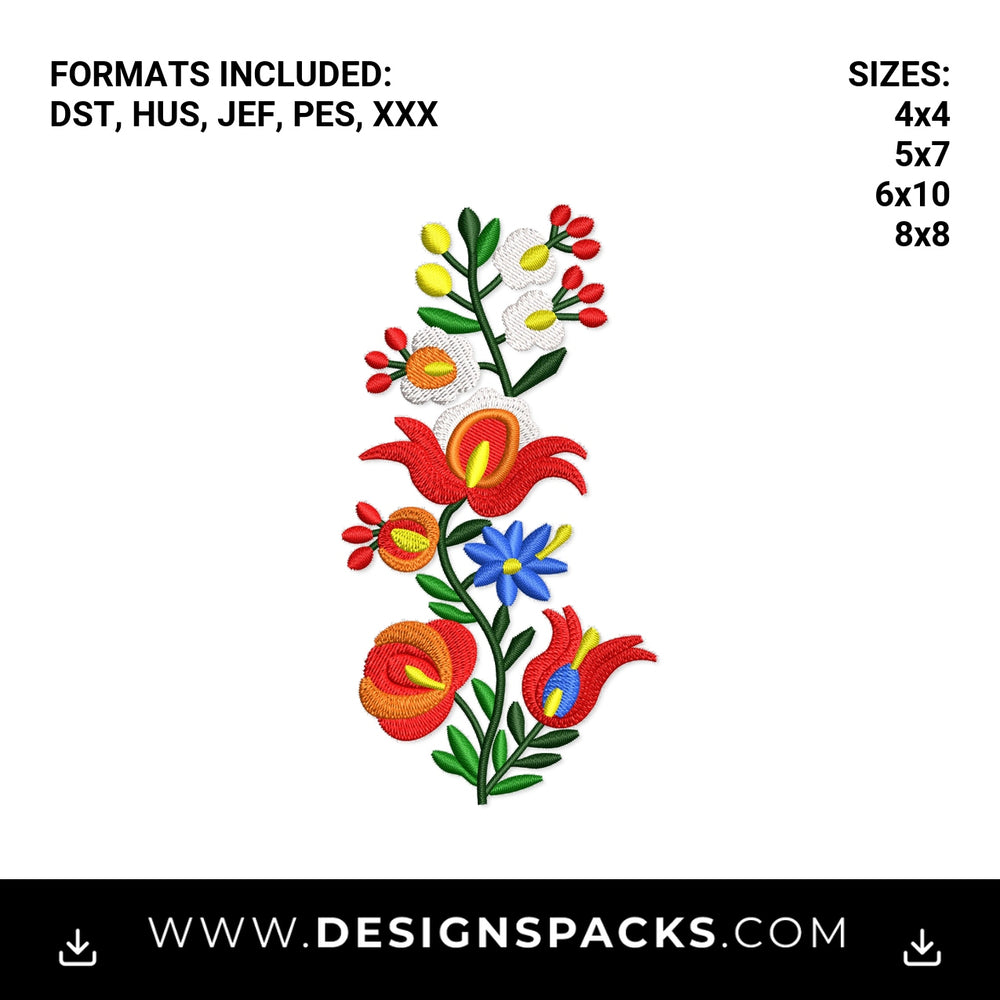Colorful Hungarian Folk Floral Vine Embroidery Design - Instant digital download pattern at Designspacks.com