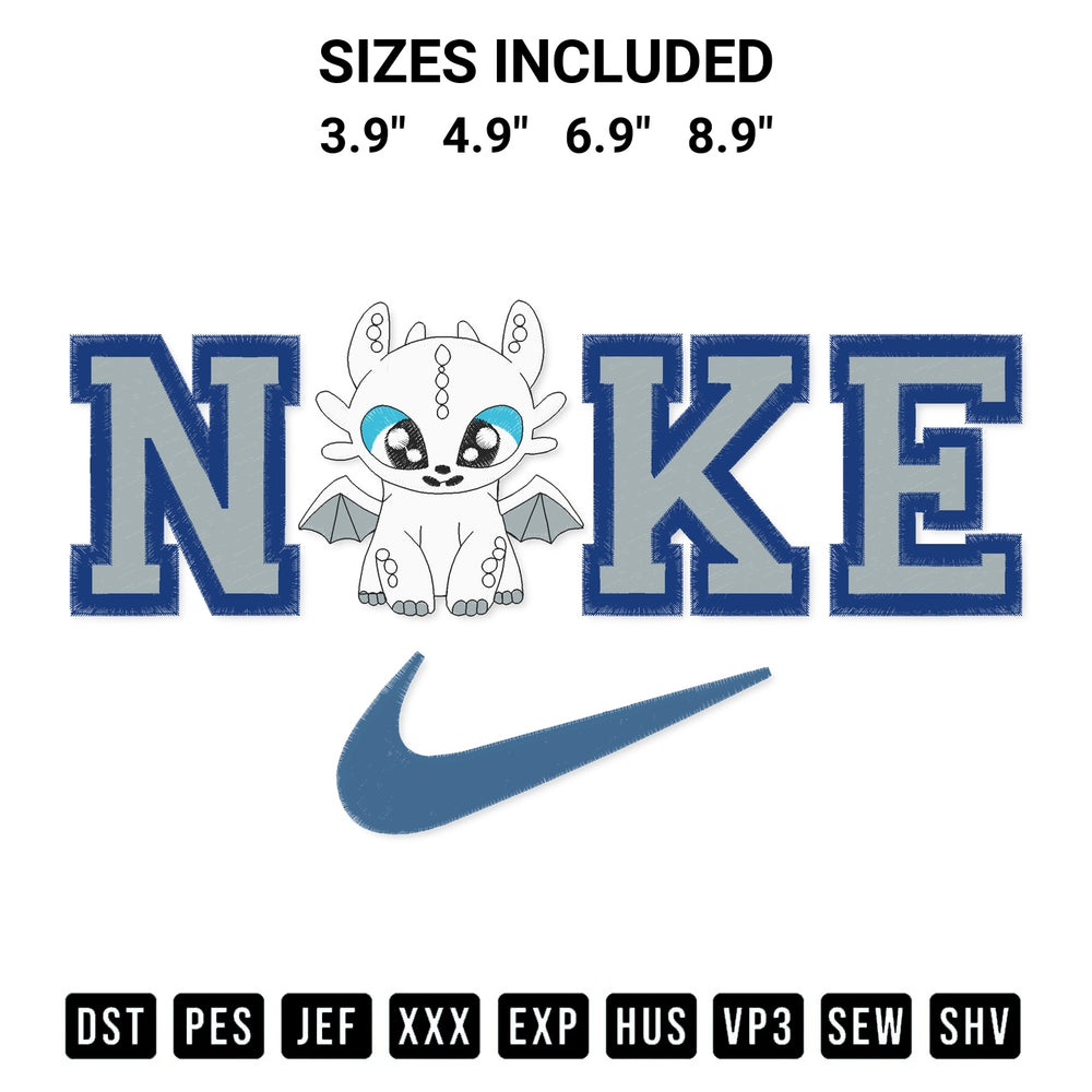 Discover the perfect addition to your crafting collection: Light Fury Nike Embroidery Design embroidery file. Instantly available at Designspacks.com. Available sizes: 3.9", 4.9", 6.9", 8.9".