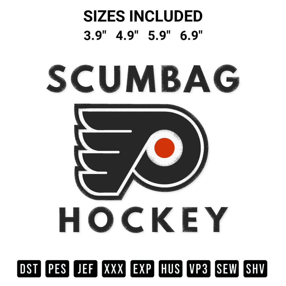 Shop the Philadelphia Flyers Scumbag Hockey Embroidery Design machine embroidery pattern at Designspacks.com. Beautifully digitized for flawless stitching on any fabric. Available sizes: 3.9", 4.9", 5.9", 6.9".