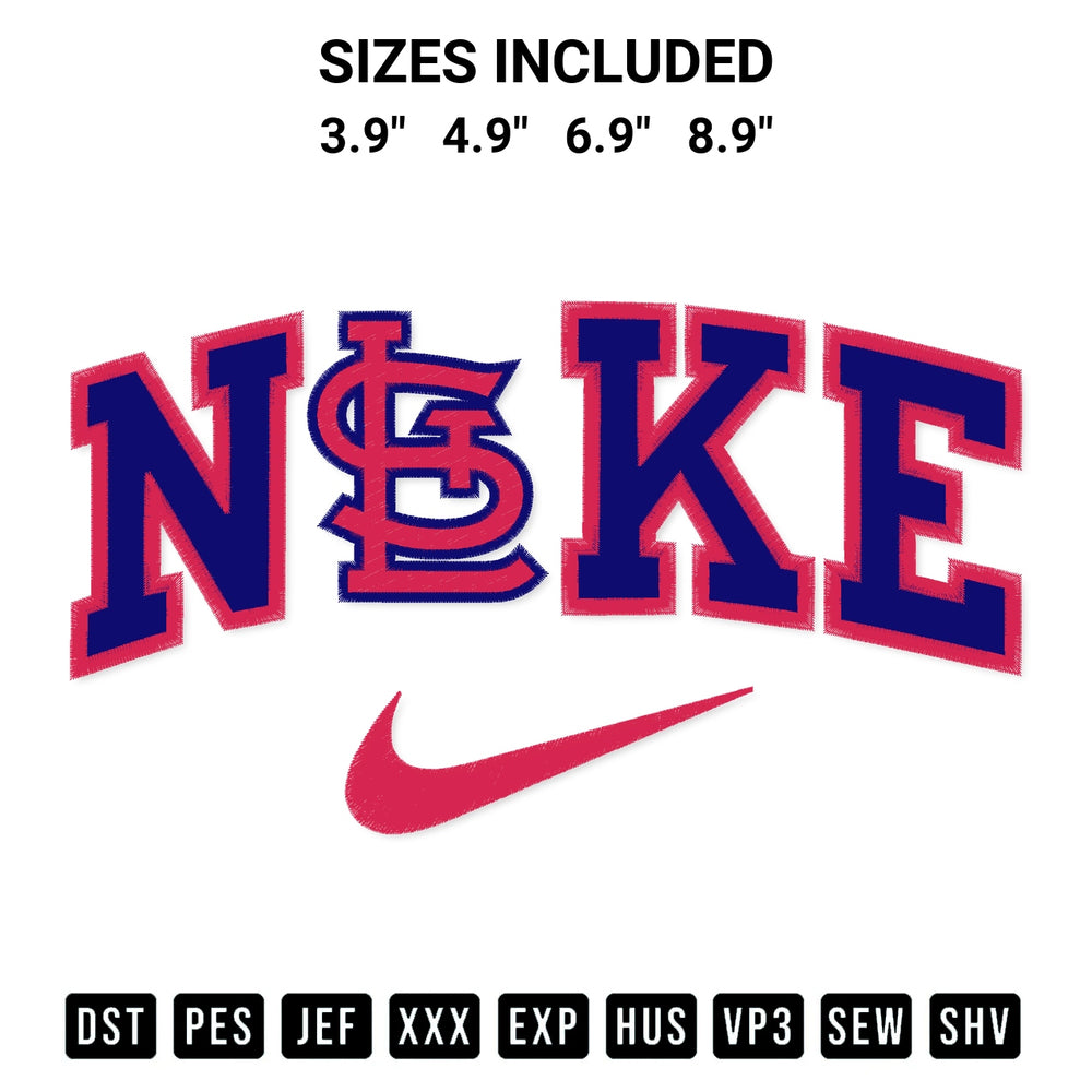 Discover the perfect addition to your crafting collection: St Louis Cardinals X Nike Embroidery Design embroidery file. Instantly available at Designspacks.com. Available sizes: 3.9", 4.9", 6.9", 8.9".
