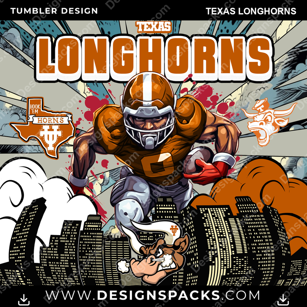 College Sport Comic Cover Texas Longhorns Tumbler Digital Wrap Design