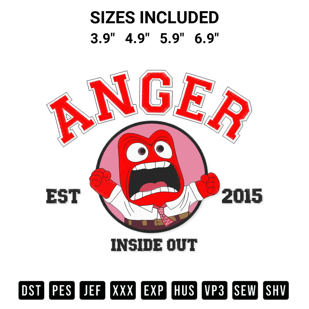 Download the Inside Out Anger Est 2015 Embroidery Design machine embroidery design exclusively at Designspacks.com. Premium digitized pattern for apparel and DIY crafts. Available sizes: 3.9", 4.9", 5.9", 6.9".