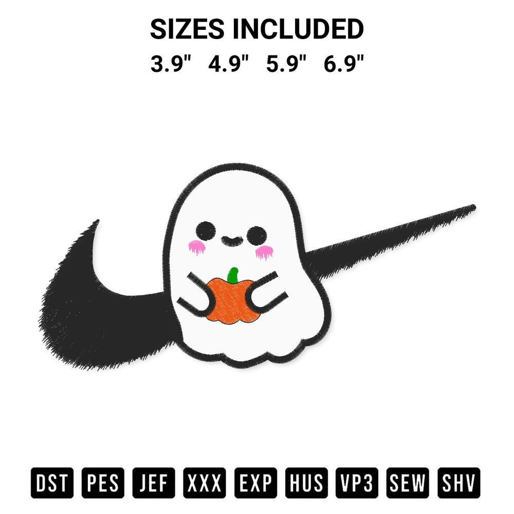 Add a unique touch to your apparel with the Swoosh Ghost Pumpkin Embroidery Design embroidery file. Premium instant download available now on Designspacks.com. Available sizes: 3.9", 4.9", 5.9", 6.9".
