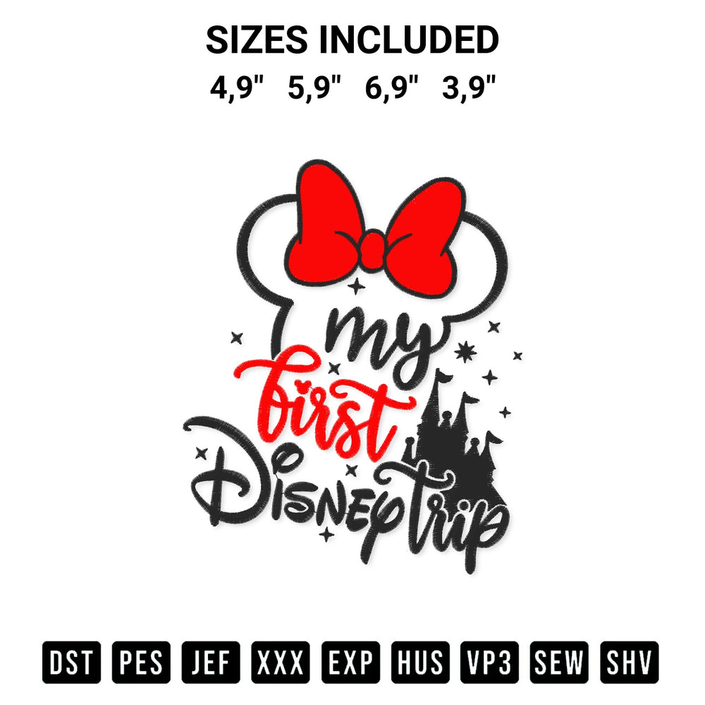 Stitch like a pro with the My First Disney Trip Minnie Disney Trip Disney Land Trip Mouse Castle Magic Mouse Logo Embroidery Design embroidery pattern from Designspacks.com. High-quality digital machine embroidery file. Available sizes: 4,9", 5,9", 6,9", 3,9".