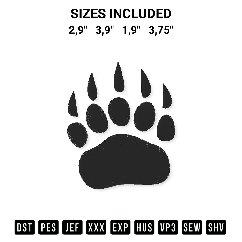 Stitch like a pro with the Bear Paw Print Silhouette Embroidery Design embroidery pattern from Designspacks.com. High-quality digital machine embroidery file. Available sizes: 2,9", 3,9", 1,9", 3,75".