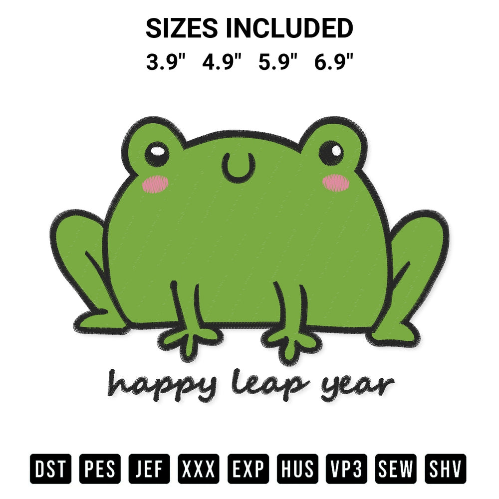 Create amazing crafts with the Happy Leap Day Embroidery Design embroidery file. High-quality digital download from Designspacks.com, perfect for beginners and pros. Available sizes: 3.9", 4.9", 5.9", 6.9".
