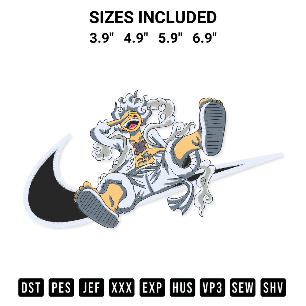 Download the Luffy Gear 5 Nike Swoosh Embroidery Design machine embroidery design exclusively at Designspacks.com. Premium digitized pattern for apparel and DIY crafts. Available sizes: 3.9", 4.9", 5.9", 6.9".