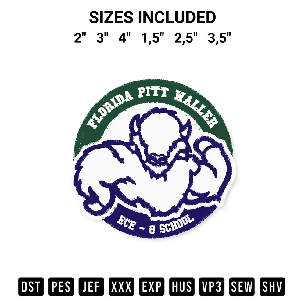 Transform your fabrics with the Florida Pitt Waller School Embroidery Design embroidery design. Instant access to premium digitized patterns at Designspacks.com. Available sizes: 2", 3", 4", 1,5", 2,5", 3,5".