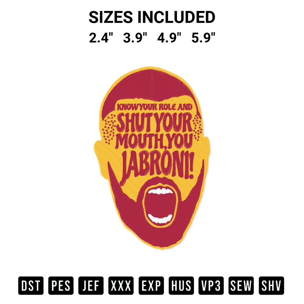 Elevate your next project with our Know Your Role And Shut Your Mouth You Jabroni Travis Kelce 2023 Embroidery Design embroidery file. Shop high-quality digital patterns instantly at Designspacks.com. Available sizes: 2.4", 3.9", 4.9", 5.9".