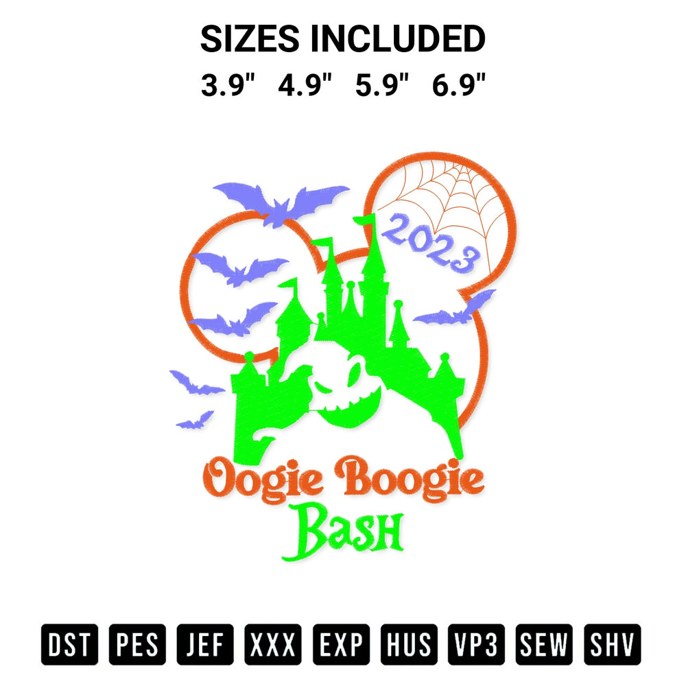 Create amazing crafts with the Oogie Boogie Bash 2023 Embroidery Design embroidery file. High-quality digital download from Designspacks.com, perfect for beginners and pros. Available sizes: 3.9", 4.9", 5.9", 6.9".
