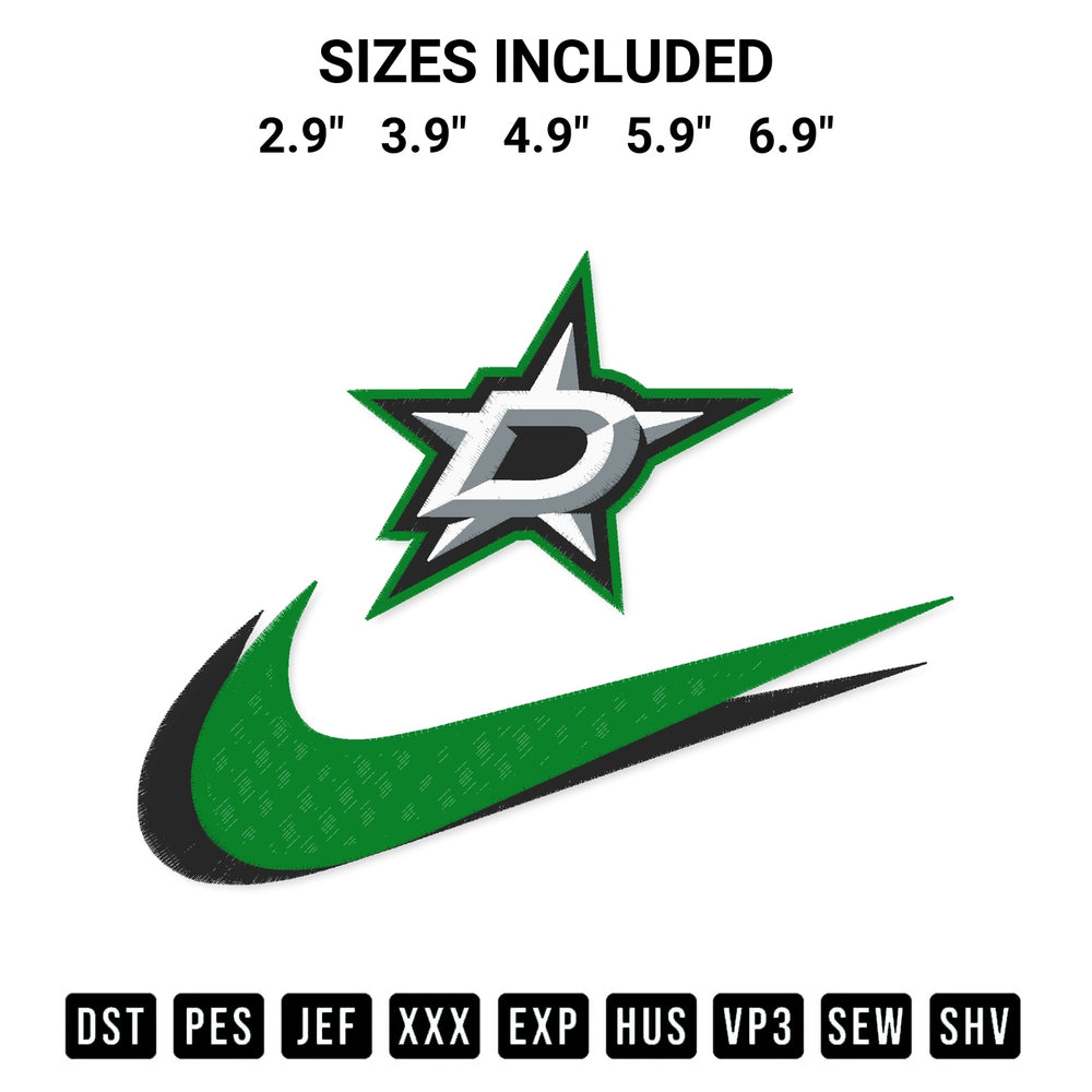 Transform your fabrics with the Dallas Stars Swoosh Embroidery Design embroidery design. Instant access to premium digitized patterns at Designspacks.com. Available sizes: 2.9", 3.9", 4.9", 5.9", 6.9".