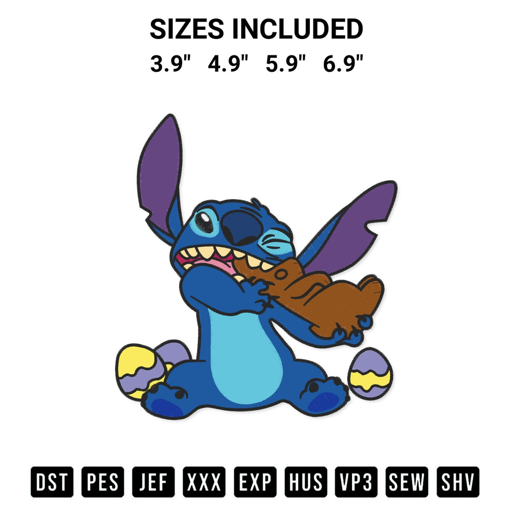 Download the Disney Stitch Eats Chocolate Bunny Easter Embroidery Design machine embroidery design exclusively at Designspacks.com. Premium digitized pattern for apparel and DIY crafts. Available sizes: 3.9", 4.9", 5.9", 6.9".