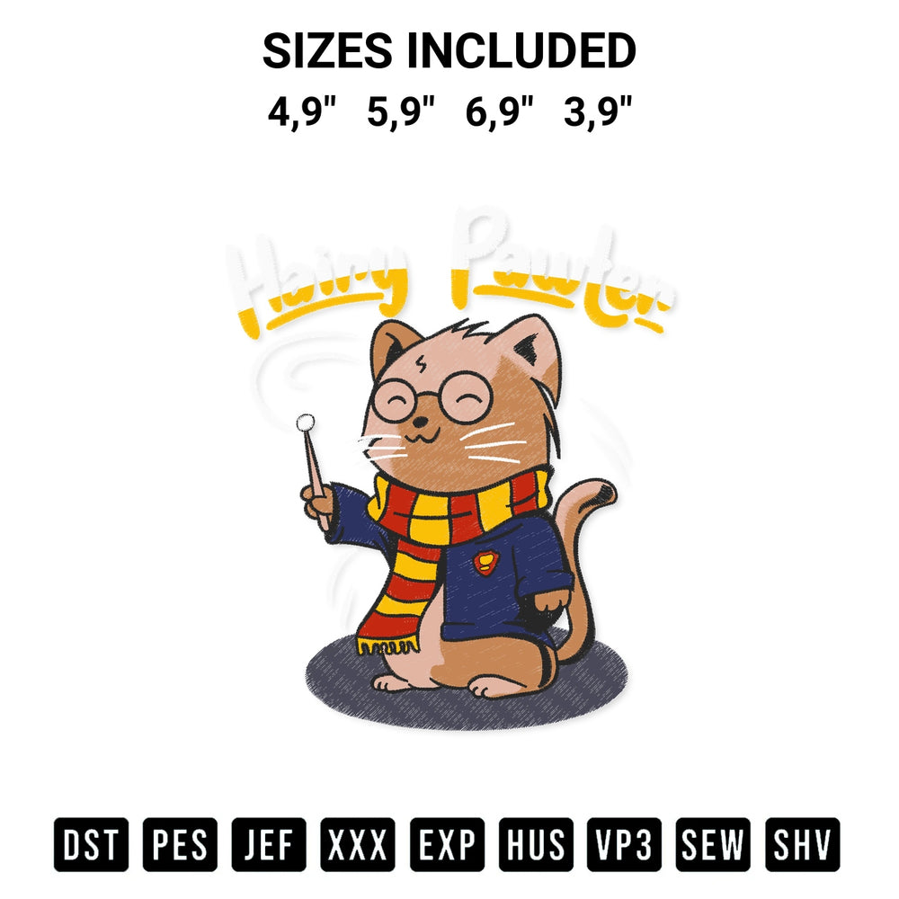 Discover the perfect addition to your crafting collection: Hairy Pawter Harry Potter Funny Magic Cat Hairy Pawter Embroidery Design embroidery file. Instantly available at Designspacks.com. Available sizes: 4,9", 5,9", 6,9", 3,9".