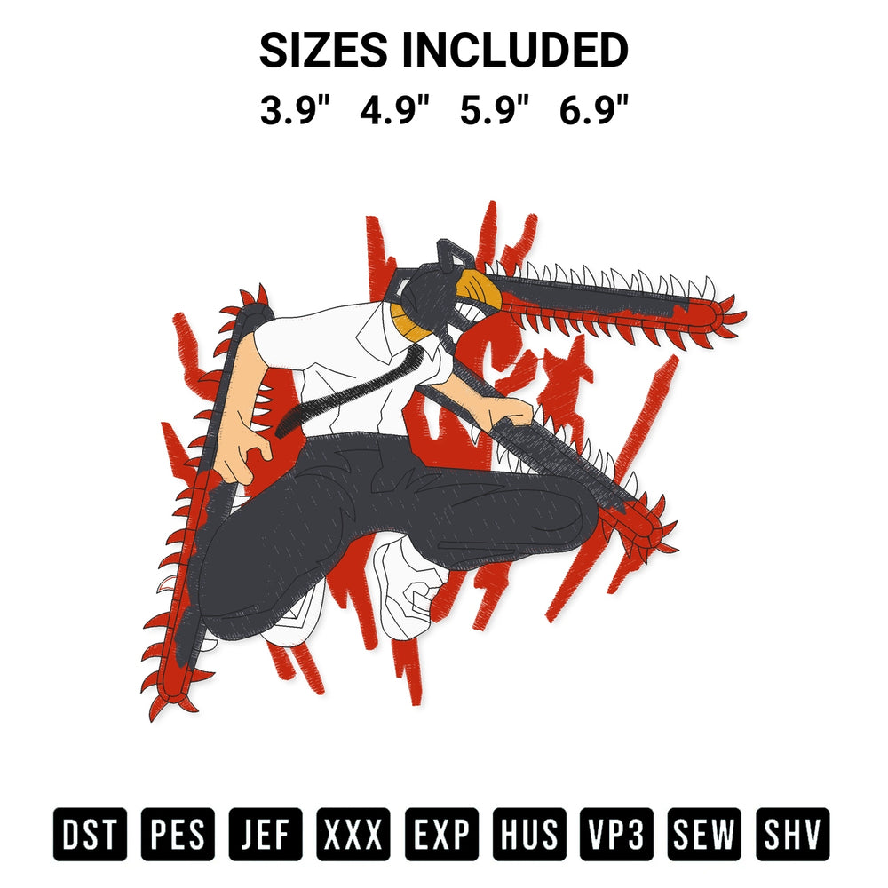 Download the Chainsaw Man Embroidery Design machine embroidery design exclusively at Designspacks.com. Premium digitized pattern for apparel and DIY crafts. Available sizes: 3.9", 4.9", 5.9", 6.9".