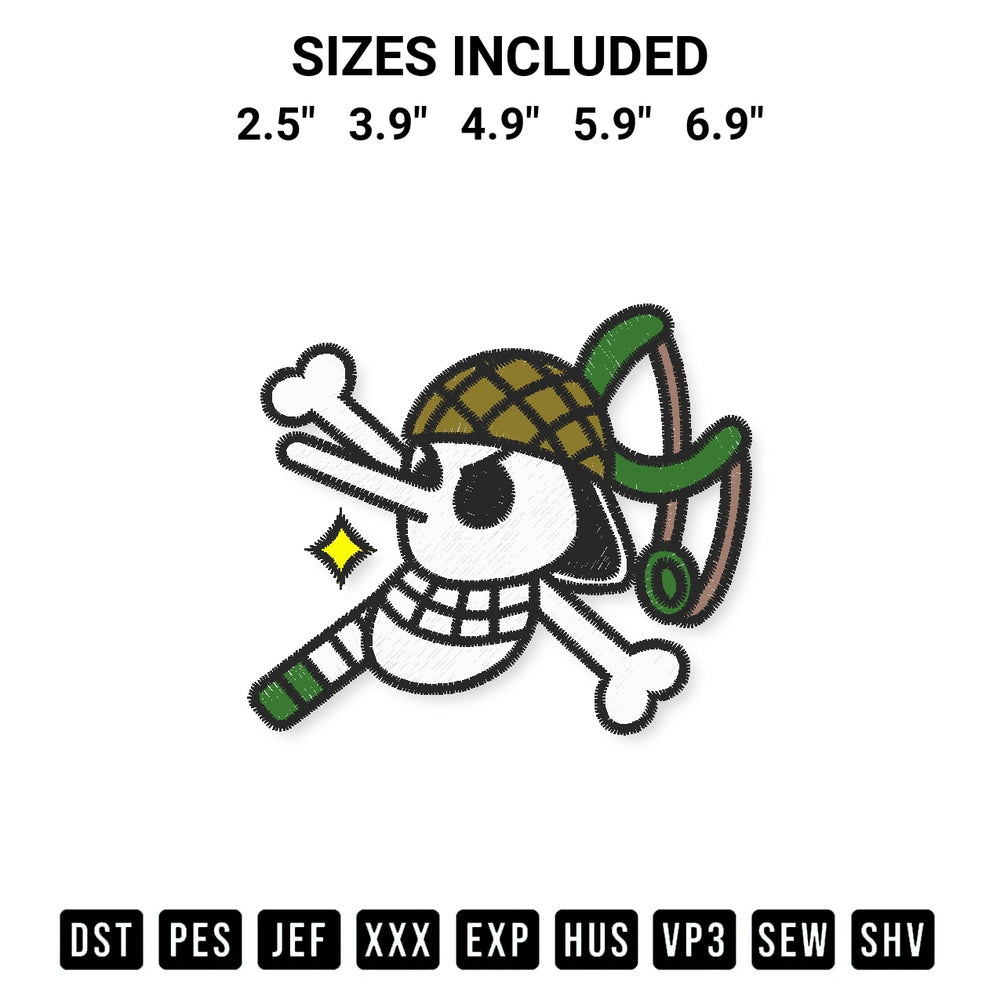 Get the Sogeking Jolly Roger Embroidery Design embroidery design for your custom crafts! Premium digitized files available for instant download at Designspacks.com. Available sizes: 2.5", 3.9", 4.9", 5.9", 6.9".