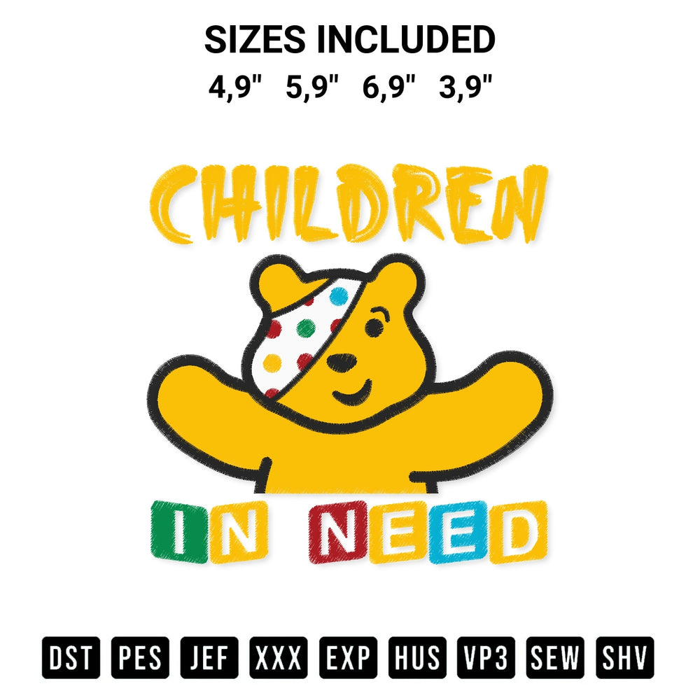 Transform your fabrics with the Pudsey Bear Children In Need Bbc Spotty Day 2022 Logo Embroidery Design embroidery design. Instant access to premium digitized patterns at Designspacks.com. Available sizes: 4,9", 5,9", 6,9", 3,9".
