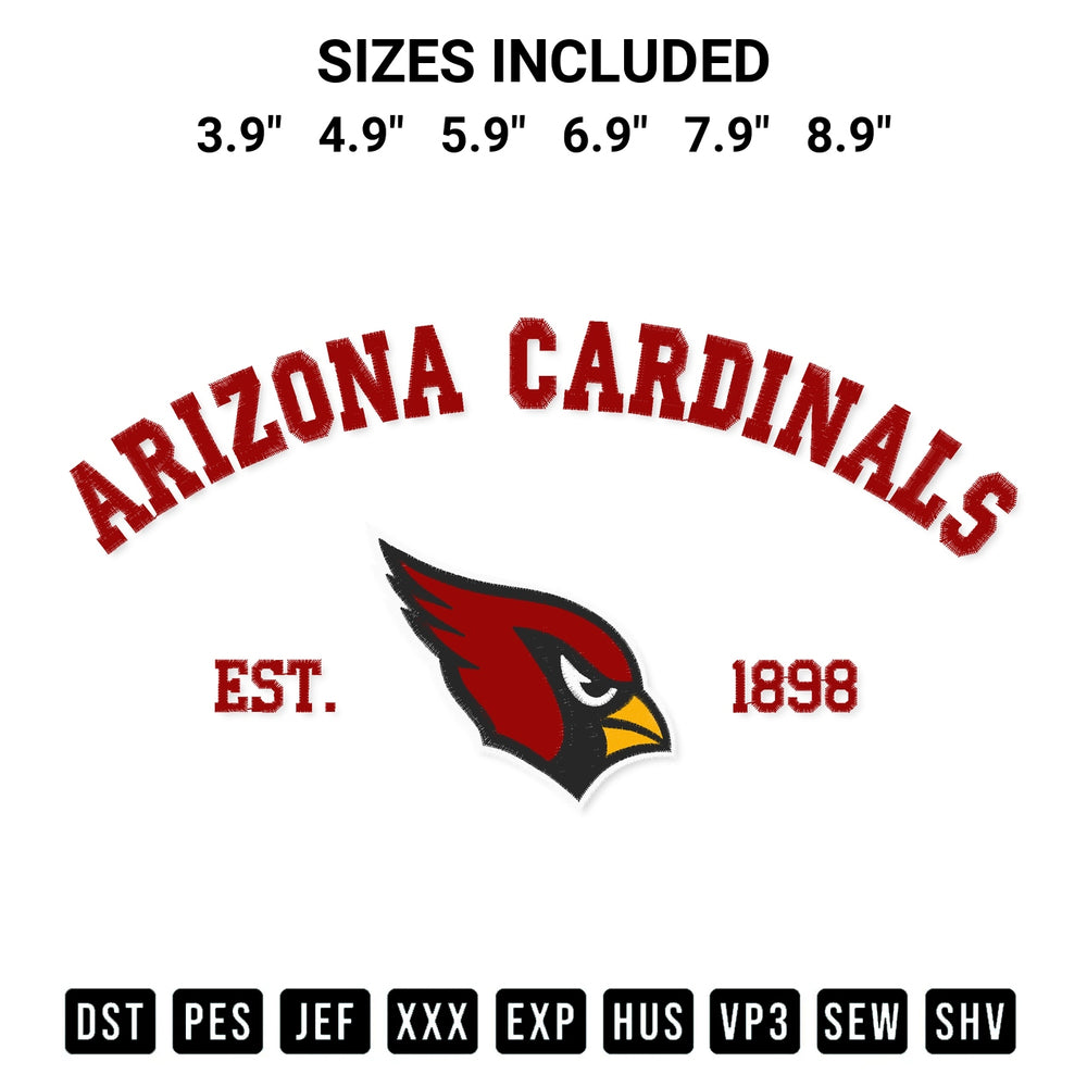 Create amazing crafts with the Arizona Cardinals Est 1898 Embroidery Design embroidery file. High-quality digital download from Designspacks.com, perfect for beginners and pros. Available sizes: 3.9", 4.9", 5.9", 6.9", 7.9", 8.9".
