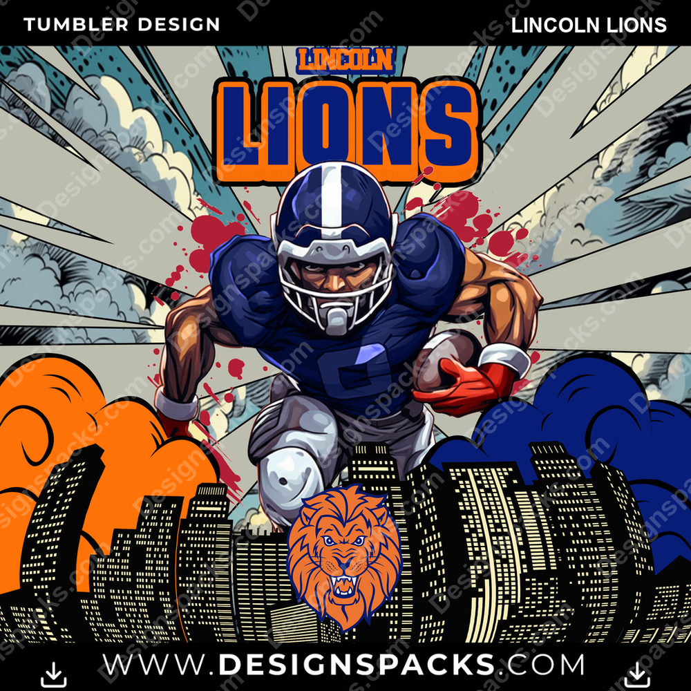 College Sport Comic Cover Lincoln Lions NCAA College Sport Tumbler Digital Wrap Design Download