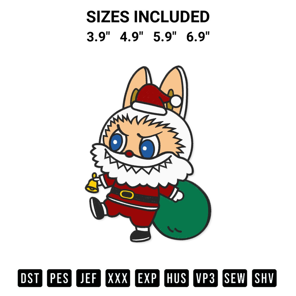 Discover the perfect addition to your crafting collection: Santa Labubu Embroidery Design embroidery file. Instantly available at Designspacks.com. Available sizes: 3.9", 4.9", 5.9", 6.9".
