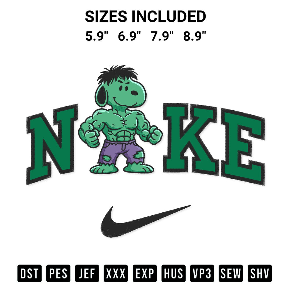 Transform your fabrics with the Snoopy Hulk X Nike Embroidery Design embroidery design. Instant access to premium digitized patterns at Designspacks.com. Available sizes: 5.9", 6.9", 7.9", 8.9".