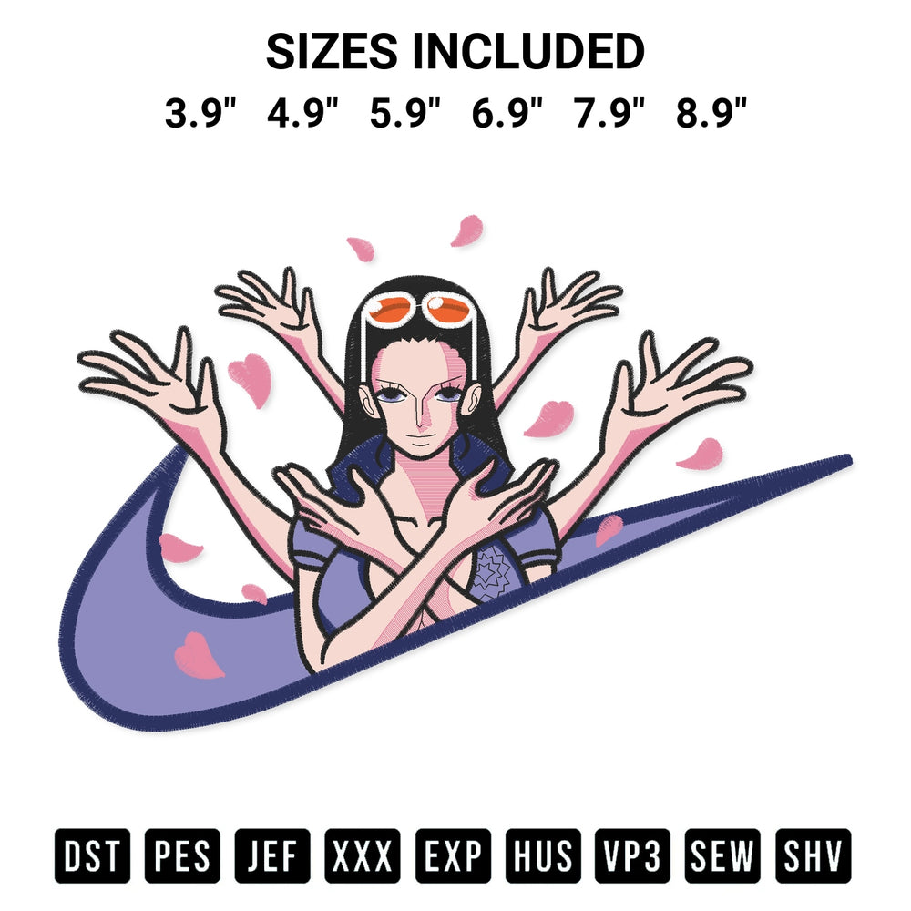 Transform your fabrics with the Swoosh Nico Robin Embroidery Design embroidery design. Instant access to premium digitized patterns at Designspacks.com. Available sizes: 3.9", 4.9", 5.9", 6.9", 7.9", 8.9".