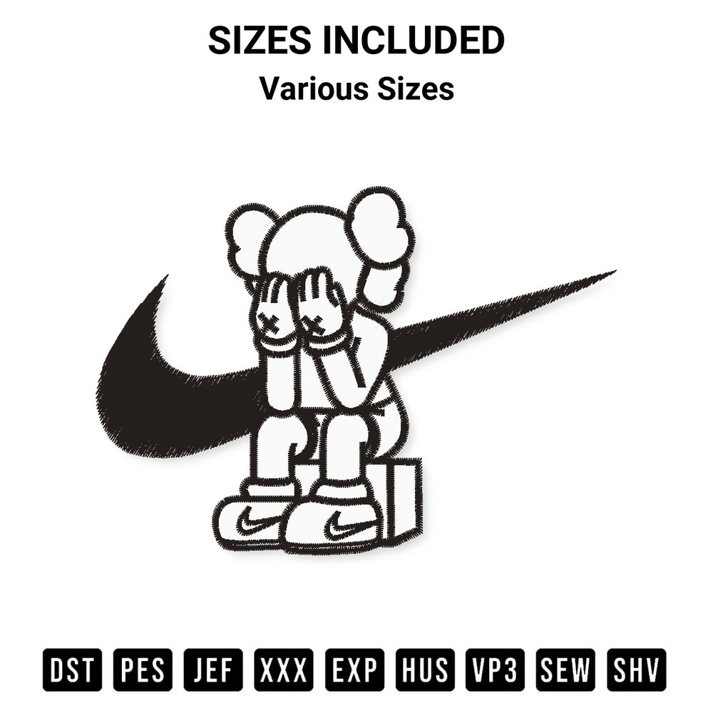 Add a unique touch to your apparel with the Nike Kaws Embroidery Design embroidery file. Premium instant download available now on Designspacks.com. Available sizes: Various Sizes.