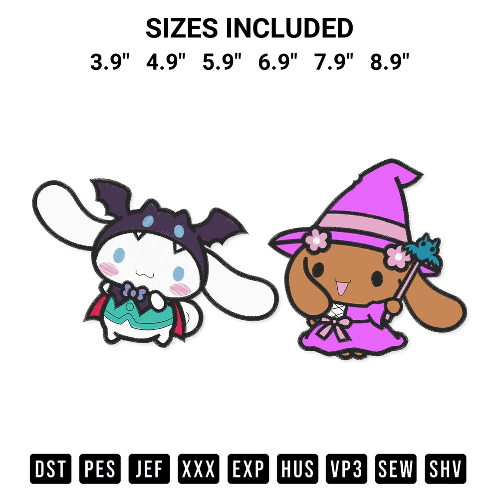 Stitch like a pro with the Cinnamoroll And Mocha Halloween Embroidery Design embroidery pattern from Designspacks.com. High-quality digital machine embroidery file. Available sizes: 3.9", 4.9", 5.9", 6.9", 7.9", 8.9".