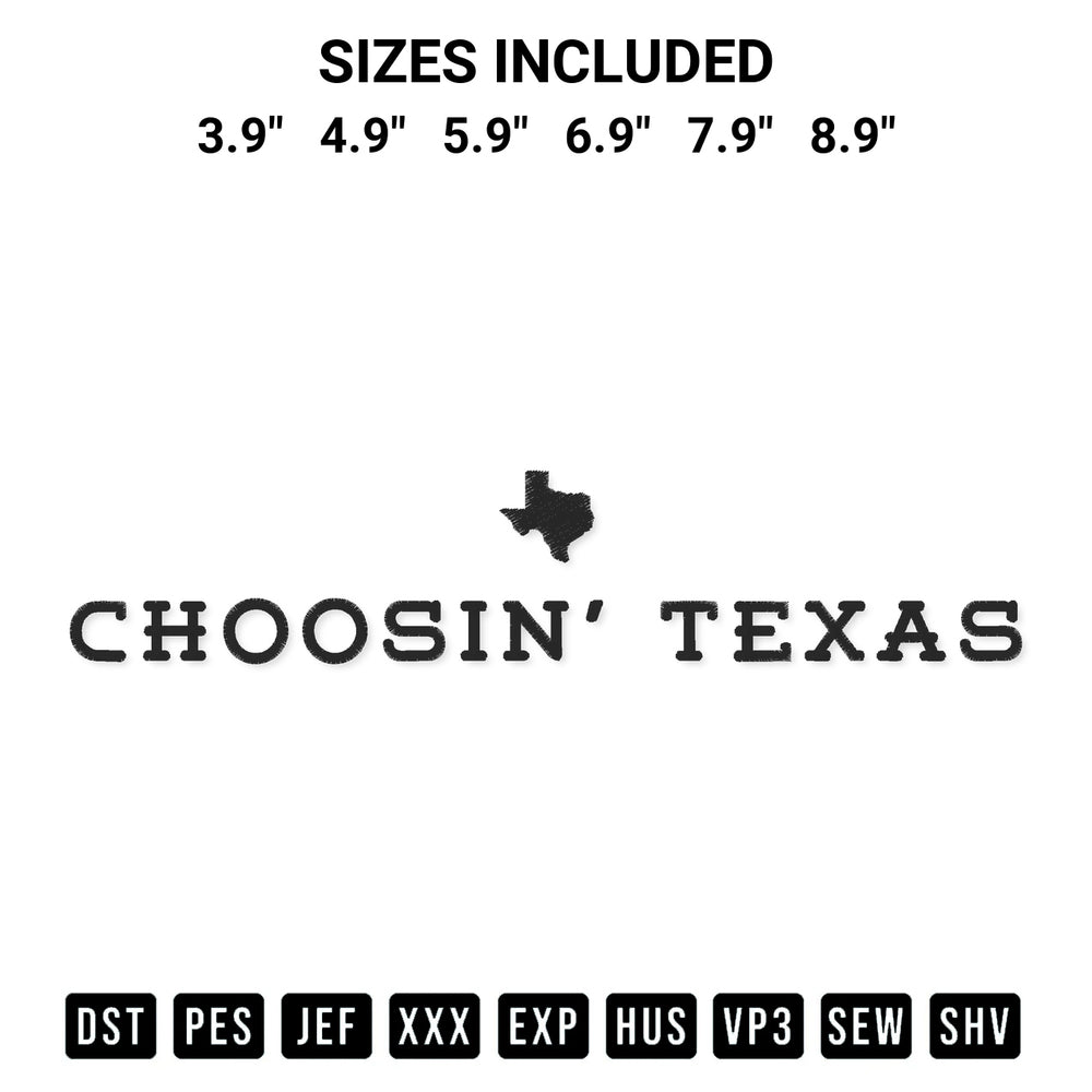 Elevate your next project with our Choosin Texas Embroidery Design embroidery file. Shop high-quality digital patterns instantly at Designspacks.com. Available sizes: 3.9", 4.9", 5.9", 6.9", 7.9", 8.9".