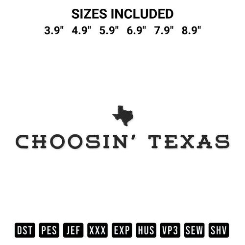 Elevate your next project with our Choosin Texas Embroidery Design embroidery file. Shop high-quality digital patterns instantly at Designspacks.com. Available sizes: 3.9