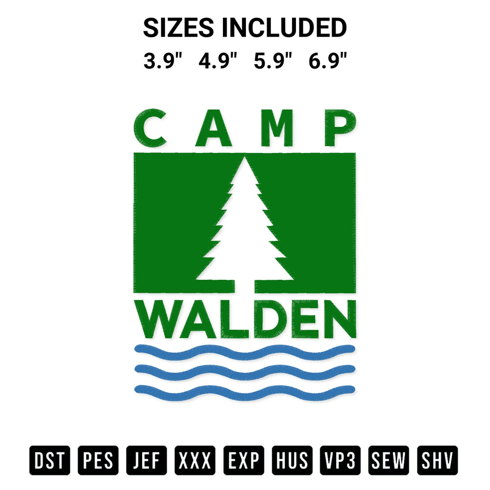 Get the Camp Walden Embroidery Design embroidery design for your custom crafts! Premium digitized files available for instant download at Designspacks.com. Available sizes: 3.9", 4.9", 5.9", 6.9".