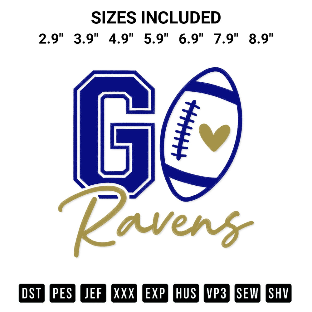 Create amazing crafts with the Go Ravens Football Embroidery Design embroidery file. High-quality digital download from Designspacks.com, perfect for beginners and pros. Available sizes: 2.9", 3.9", 4.9", 5.9", 6.9", 7.9", 8.9".