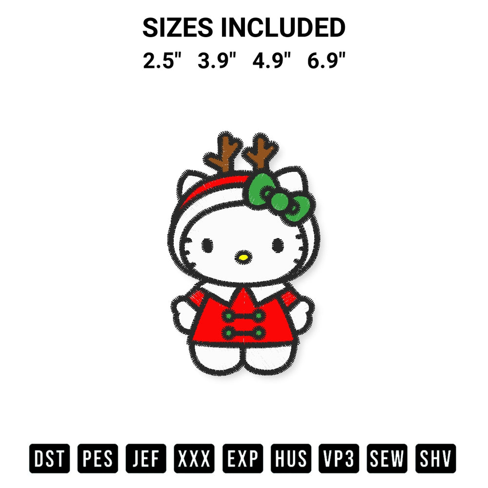 Transform your fabrics with the Hello Kitty Reindeer Christmas Embroidery Design embroidery design. Instant access to premium digitized patterns at Designspacks.com. Available sizes: 2.5", 3.9", 4.9", 6.9".