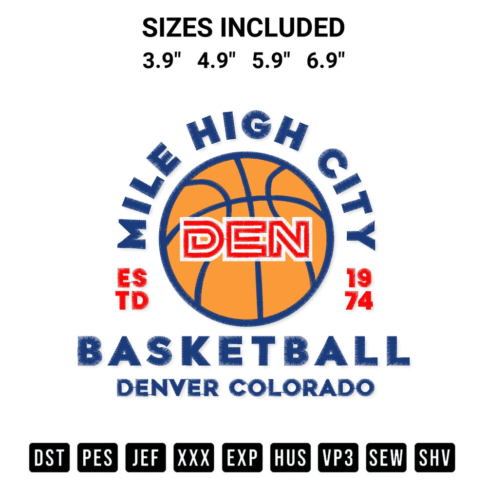Create amazing crafts with the Denver Nuggets Mile High City Basketball Embroidery Design embroidery file. High-quality digital download from Designspacks.com, perfect for beginners and pros. Available sizes: 3.9", 4.9", 5.9", 6.9".