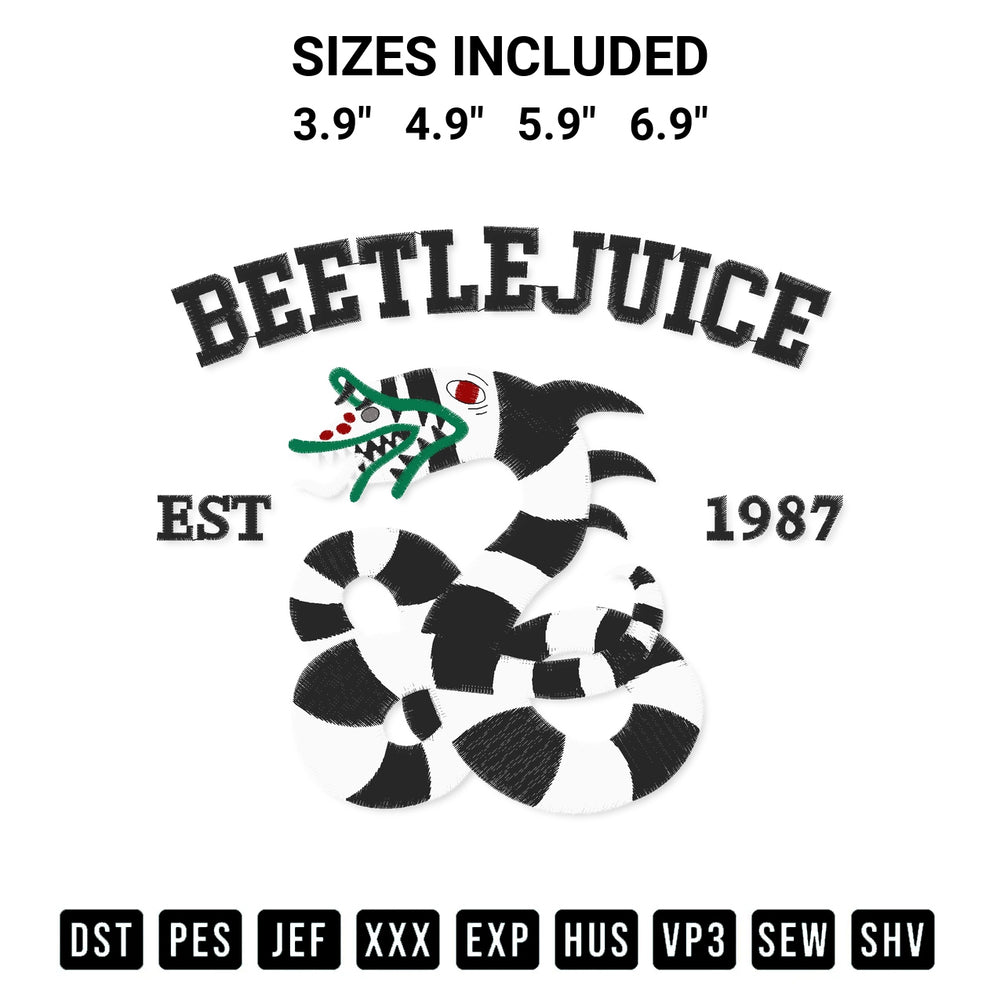 Looking for the perfect pattern? Download the Beetlejuice Est 1987 Embroidery Design embroidery design today at Designspacks.com. Crisp, clean stitching guaranteed. Available sizes: 3.9", 4.9", 5.9", 6.9".